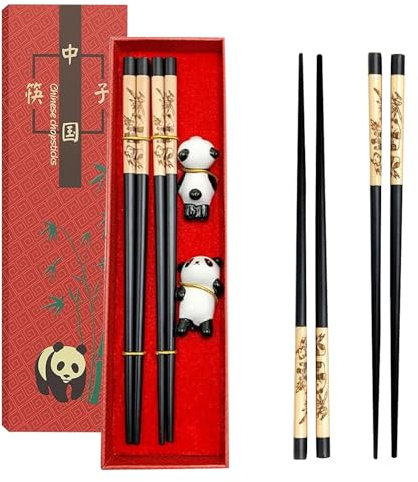 2 Paar Essstäbche mit 2 Chinesische Panda Keramik Essstäbchen Halter, 24 cm Essstäbchen Holz, Essstäbchen Spülmaschinenfest, Stäbchen zum Essen Chopsticks Sushi Stäbchen mit Geschenkbox