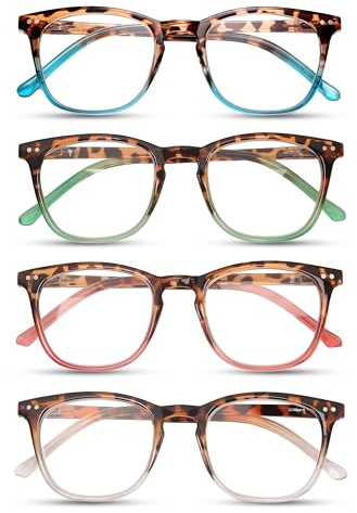 Dolarosey 4-Pack Reading Glasses for Women Men, Square Blue Light Blocking Readers, Fashion Pattern Print Computer Glasses with Spring Hinge, Cheaters