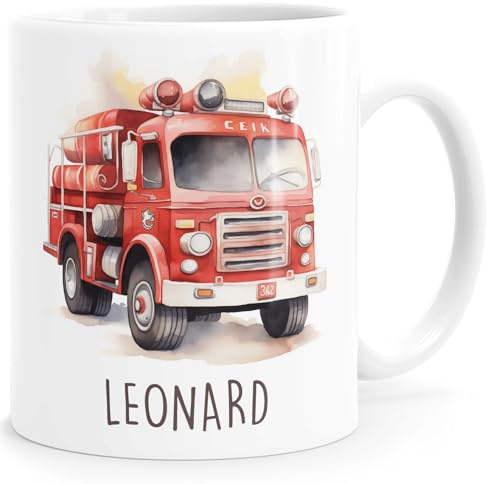 SpecialMe® Kindertasse Namenstasse Traktor Feuerwehrauto Rennwagen Auto Drache Keramikbecher Geschenk Kinder Jungen Weiss standard