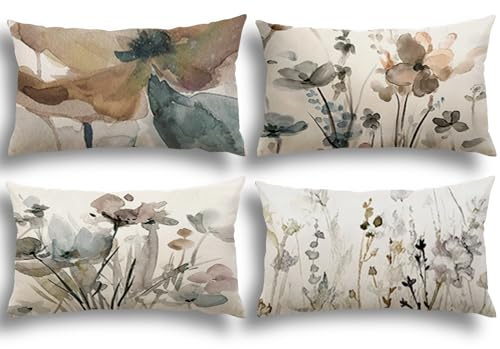 YCOLL Blumen Kissenbezug 40x60 4er Set Kissenhülle Leinen Sofakissen Moderne Abstrakte Blumen Aquarellmalerei Dekokissen für Sofa Schlafzimmer Couch Outdoor Kissenbezüge 40x60 A090