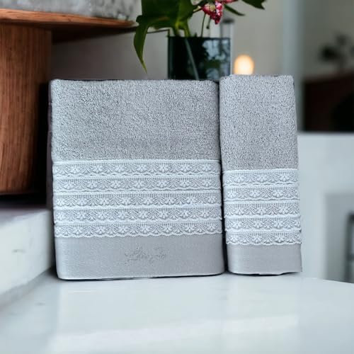 LIU . JO MILANO Coppia di Asciugamani Viso e Ospite in scatola in Spugna di puro cotone con pizzo Art. Paradiso (Perla)