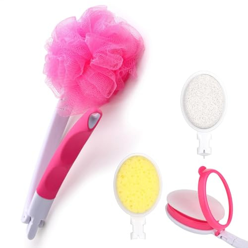 Badebürste mit langem Griff, Rückenbürste mit langem Griff, mit 4 Bürstenköpfen, Badewannenbürsten-Set, faltbare Rücken-Badebürste für Dusche
