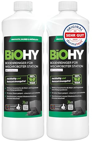 BiOHY Nettoyeur de sol pour robot laveur Station avec parfum printanier (2 x 1 litre) | Nettoyant concentré pour tous les types de balai et robot aspirateur avec fonction humide | Faible mousse et