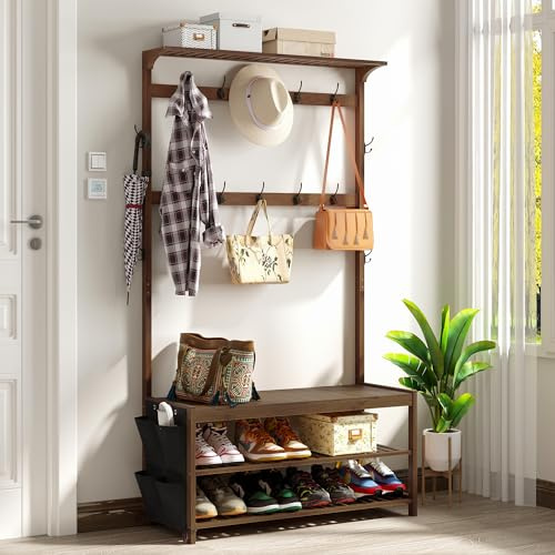 AMBIRD Garderobe aus Bambus Flurbaum mit Schuhbank und Regalen 6-in-1 Garderoben-Ständer mit Aufbewahrungstaschen und 14 Haken | Großformatige Maße in Braun, 100x40x180 cm