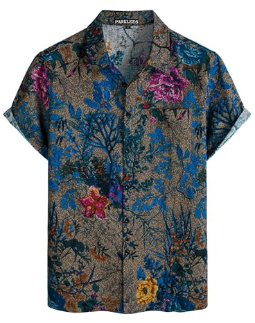 PARKLEES Chemise en coton et lin pour homme, motif vintage années 70, style ancien, chemise décontractée à manches courtes boutonnée rétro, L