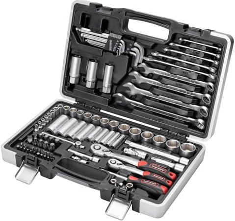 Generico Set d'outils 92 pièces pouces - Mallette d'outils professionnelle pour moto, voiture et bricolage - CrV, Cliquet, boussole, clés, inserts - Qualité industrielle acier au chrome vanadium