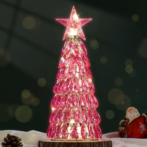 Lewondr Christmas Tree Lamp, 12 Inch Battery Powered Crystal Tabletop Lighted Christmas Decorative Light LED Lamp, Luxury Handmade Glittering Xmas Tree Table Decoration for Home Party Gift, Pink
