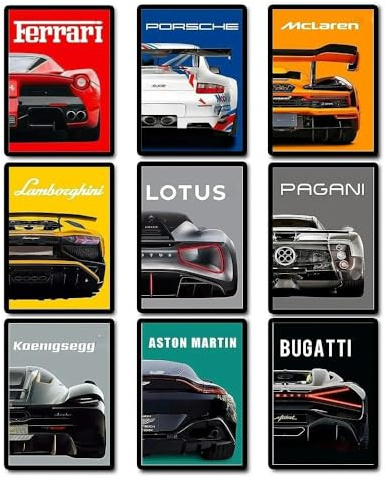 Vexilon 9 Pcs Car Posters, Car Canvas Wall Art with 9 Themes, Super Car Posters with 9 Themes for Brothers, Sons, Husbands, and Sports Car Enthusiasts Gift