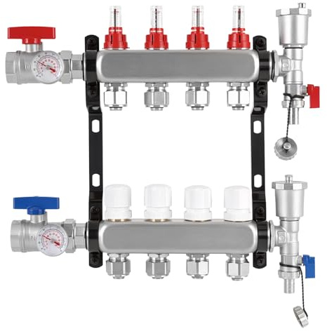 YUCHENGTECH Collettore Riscaldamento a Pavimento in Acciaio Inox 4 Circuiti | Con Eurocone 3/4 (16 x 2 mm), Distributore Circuito Riscaldamento Kit Collettore PEX con Flussometro e Valvole