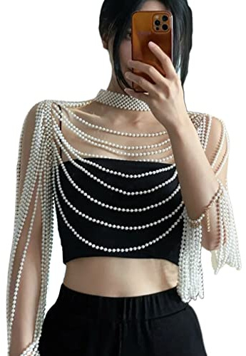 Geavonyg Böhmische Frauen Perlenschal Halsketten Körperkette Perlenpullover Hochzeitskleid Körperschmuck Kragen BH Top Perle Bauchschmuck Für Frauen