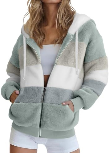 Teddy Fleecejacke Damen mit Kapuze, Warm Herbst Wintermantel Übergangsjacke Sweatjacke Outdoor Freizeitjacke Warme Kapuzenjacke Oversized Hoodie,Grün,M