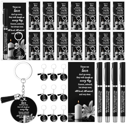 Maitys 50 Set Memorial Funeral Favor for Guest Include 50 Funeral Ballpoints and Prayer Cards, 50 Keychains with Tassels Bags and Twist Ties, Sympathy Gift for Memorial Service (Flower,Black)