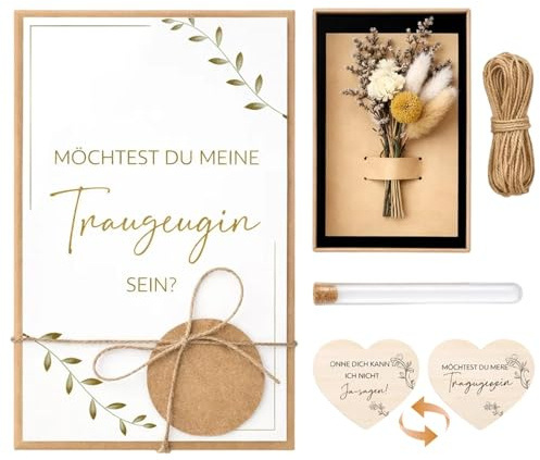 Willst Du Meine Trauzeugin Sein Geschenk Set, Trauzeuginfragen Box mit Holzherz Karte Trockenblumen, Möchtest Du Meine Trauzeugin Sein Geschenkbox, Brautjungfer Fragen, Hochzeitsbox Maid of Honor