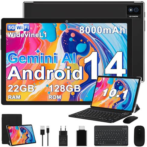 Biegedy Tablet 10 Pollici Tablets Android Octa-Core 2.0 GHz, 22GB RAM+128GB ROM (1TB TF) 5G/2.4G WiFi 6, Widevine L1/GMS/Involucro in metallo/BT5.0/8000mAh/5+8MP, Tablet con Tastiera e Mouse - Nero