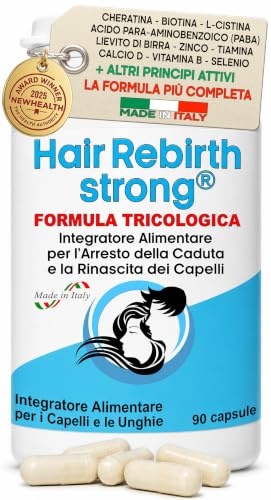 HAIR REBIRTH STRONG * 90 capsule * la Migliore Cura per i Capelli * Nuova Etichetta * Formula Tricologica: Cheratina Biotina Cistina Calcio D Vitamina B * Blocca la Caduta e fa Ricrescere i Capelli