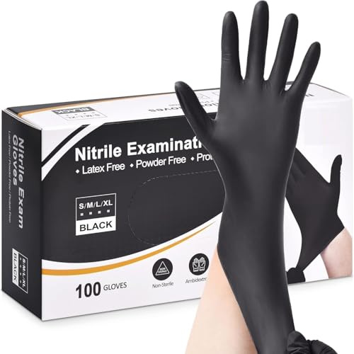 Fusion Vibes Black Nitrile Disposable Gloves - Latex Free, Powder Free, Exam, Surgical, Cleaning, Food Gloves - Extra Strong, Multi-Purpose, Black (L, 200, count)