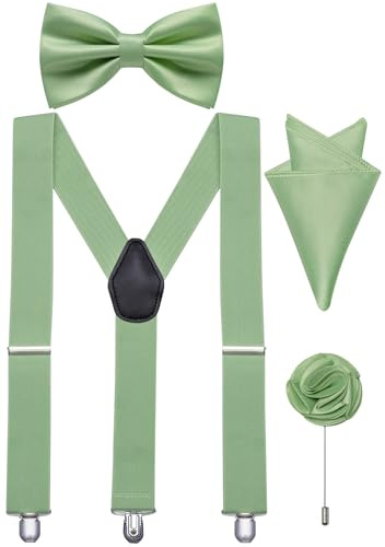 Ailisus Papillon e bretelle regolabili da uomo elastico Y-Back bretelle papillon tasca quadrata spilla set smoking matrimonio, Verde salvia, Taglia unica