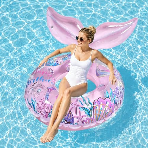 XIMEY Simring för vuxna, stor sjöjungfru simring med glitter, uppblåsbar poolring för vuxna och barn, vattenleksak för pool, fest, strand, sommar (C1, 90#)