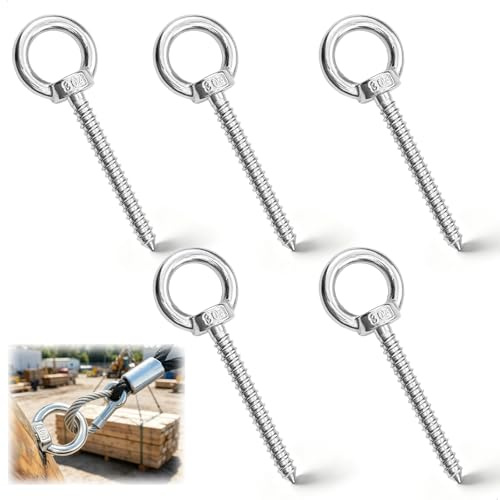 Occhielli a Vite Anello M8, Ganci 5 Occhiello a Vite per Legno Lunga 304 con Filettatura per Fissare Decorazioni Sospese, Vasi da Fiori e Supporti per Altalene