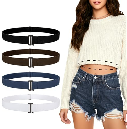 JASGOOD 4 Pack Invisible Women Stretch Belt No Show Elastic Web Strap Belt with Flat Buckle for Jeans Pants Dresses