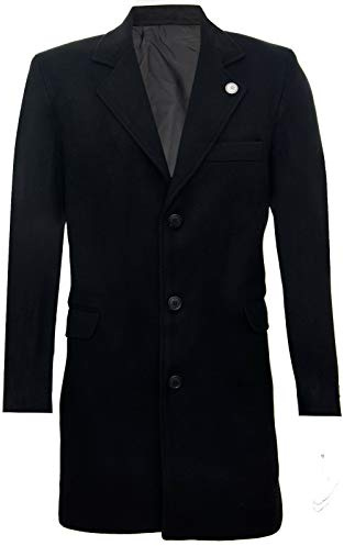 Tru Clothing Mens 3/4 Long Wool Black Crombie Overcoat Jacket Blinders Trench Slim Fit Coat 40
