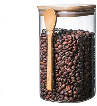 YISPIRIN (1500ml/52.8fl oz Square Glass Sealed Storage Jar with Wooden Spoon Coffee Beans Box Large Capacity Food Container Transparent Grain Cereals Tank