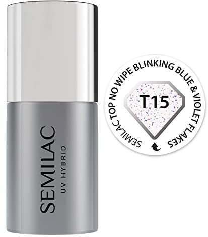 Semilac Überlack UV Hybrid Nagellack Top Coat T15 Top No Wipe Blinking Blue & Violet Flakes 7 ml