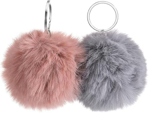 ueslwser 2 Stück Pom Pom Schlüsselanhänger Damen Kunstfell Flauschige Pompon Schlüsselanhänger Niedlich Weich Schlüsselanhänger Pom Pom Charm Hängend mit Autoschlüssel Rucksack Handtasche