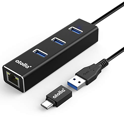 atolla Adaptador ethernet USB, HUB USB 3.0 de 3 Puertos y Gigabit Ethernet RJ45 con Adaptador USB C, para Windows, Mac, Surface Pro, XPS, etc.