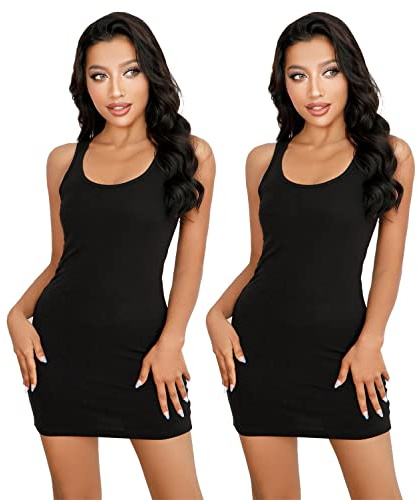 Mcilia Women's Fine-Ribbed Stretch Soft Vest Long Tank Top 2-Pack Racerback Black Medium (US Size 6 8)