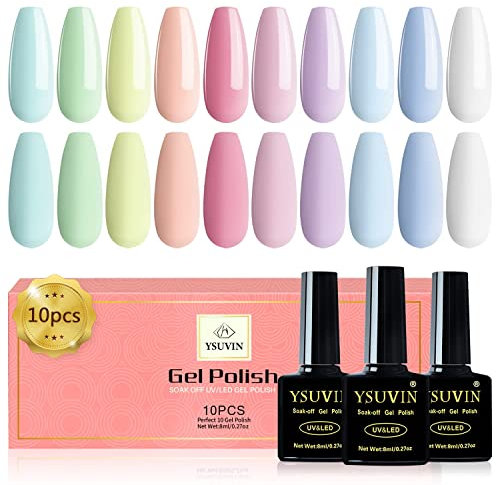 YSUVIN UV Nagellack, 10 Pastell Makronen Gel Nagellack Kit Grün Blau Gelb Rosa Lila Weiß Erforderlich Base Top Coat UV Gehärtetes Gel für Anfänger Sommer DIY Nail Art Maniküre Salon