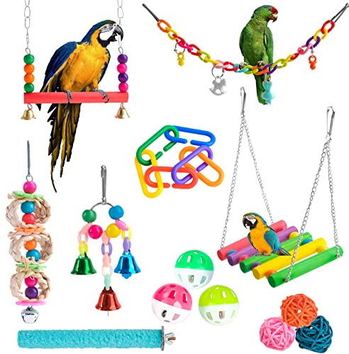 MINISOISO 13 Pezzi Giochi per Pappagalli, Altalene per Uccelli Colorato, per Parrocchetti, Giocattolo da Masticare, per Inseparabili, Ara, Fringuelli