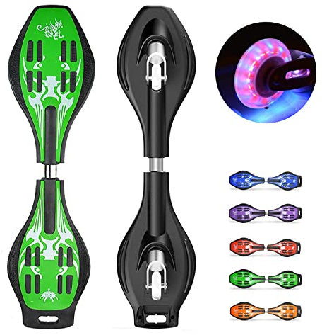 Bueuwe Waveboard Kinder ab 10 Jahre, Profi Snakeboard Skateboard Erwachsene mit LED Leuchtrollen, Waveboards für Jugendliche Anfänger Mädchen Junge, inkl. Tasche, Bis 120kg,Grün