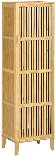 HOMCOM Armadio portaoggetti in bambù con 4 livelli e anta di design lamellare per bagno, camera da letto, soggiorno, 40 x 30 x 140 cm