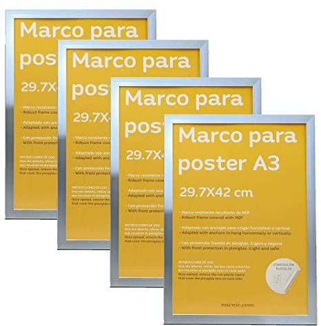 Nacnic - Pack 4 Marcos de Madera MDF Plateado y Vidrio Acrílico | Protección y Expositor de Fotografías, Láminas, Pósters, Cuadros y Decoración para Salón, Dormitorio u Oficina | A3 (29,7x42 cm)
