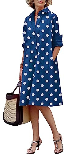 amropi Vestido Mujer Lunares Cuello en V Manga Larga Casual Verano Midi Vestidos con Botones Azul Lunares,XXL