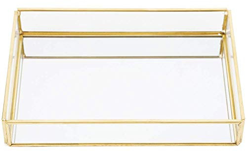 Retro Spiegeltablett, Dekotablett Gold Glastablett Tablett Vintage Metall Glas Aufbewahrungsbox Kosmetik Organizer Aufbewahrung für Parfüm Schmuck und Schminke Schminktisch