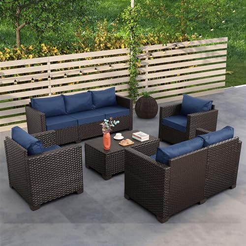 Rattaner Patio Furniture Set 5 Pieces Outdoor Furniture Set Outdoor Couch Coffee Table with Storage No-Slip Cushions and Waterproof Covers, Navy Blue