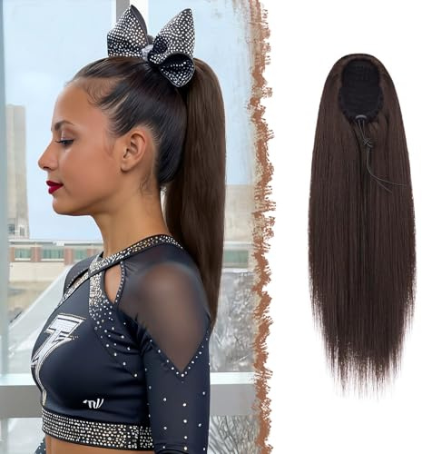 FESHFEN Pferdeschwanz Extensions mit Kordelzug Lang Gerade Zopf Pferdeschwanz Haarteil Glatt Haarverlängerungen Synthetik Drawstring Ponytail Extension für Damen 40 cm Braun