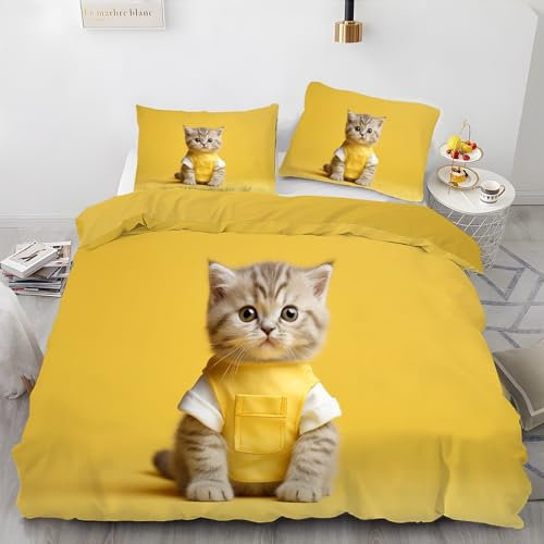 BettwäSche 220x240 Katze Bettbezug mit 2 Kissenbezug 80x80 cm Weiche und Angenehme 120g Mikrofaser Bettwaren Minimalismus Bettwäsche-Sets 3-Teilig mit Reißverschluss für EinzelbettDoppelbett