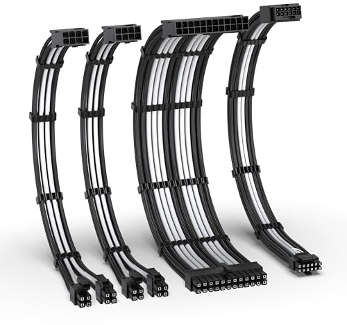 EZDIY-FAB Kit d'extension de câble d'alimentation 12VHPWR,Rallonge de câble d'alimentation PCIE 5.0 16AWG-1x 24 Pin ATX /2X 8Pin (4+4) EPS /1x12+4 Pin GPU,Câble à Douille 300MM avec Peignes-Noir Blanc