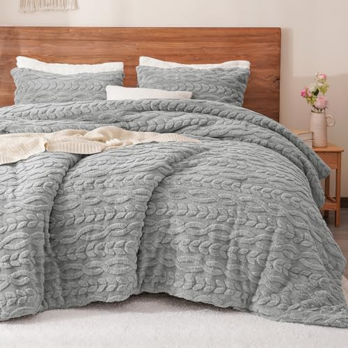 PHF Fluffy Sherpa Fleece Queen Comforter Set, 3 Pieces Warm Fuzzy Soft Bedding for Winter, 3D Tufted Flannel Plush Shaggy Bed Set, 1 Comforter (90x90) and 2 Pillowcases (20x26), Grey