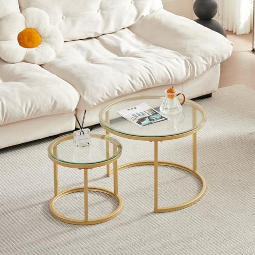 JZGORC 2er Set Couchtisch, Stapelbarer Runder Beistelltisch für Wohnzimmer, Vergoldete Metallbeine, Geeignet für Wohnzimmer, Café, Lounge (60 * 45 cm und 40 * 35 cm) – Glas Gold
