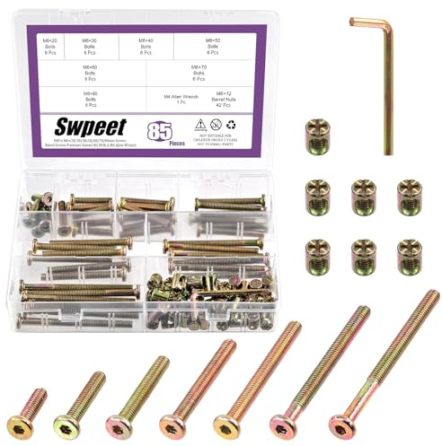 Swpeet 85Pcs M6 20/30/40/50/60/70/80mm Colored Zinc Screws Kit, Hex Socket Head Cap Crib Baby Bed Bolt and Barrel Nuts with 1Pc Allen Wrench Perfect for Furniture, Cots, Hardware Crib Screws