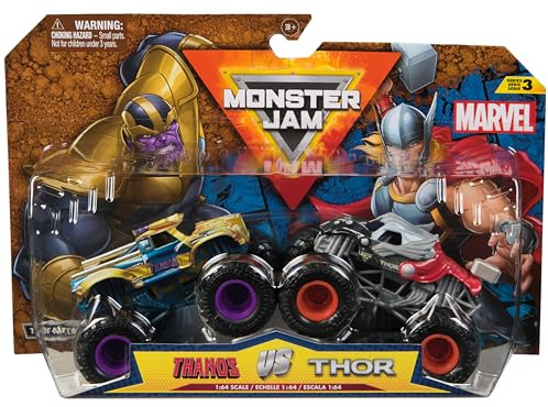 Monster Jam, Marvel Official Thanos vs. Thor Camiones Monstruos fundidos a presión, Escala 1:64, Juguetes para niños y niñas a Partir de 3 años
