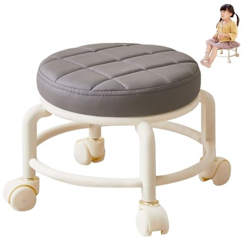 Niedriger Rollhocker mit Rollen und Sitz aus PU-Leder, Beige