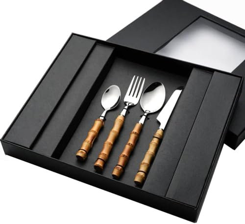 Lot de 20 couverts avec manche en bambou et acier inoxydable - Couteaux, fourchettes, cuillères, couteau à steak et cuillère à dessert - Coffret cadeau inclus
