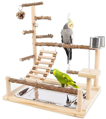 Honicemar Supporto per Uccelli in Legno - Parrot Playstand, Parco Giochi per Uccelli con Scala Altalena Trespolo Mangiatoia Vassoio e Giocattoli da Palestra per Uccelli di Piccole e Medie Dimensioni