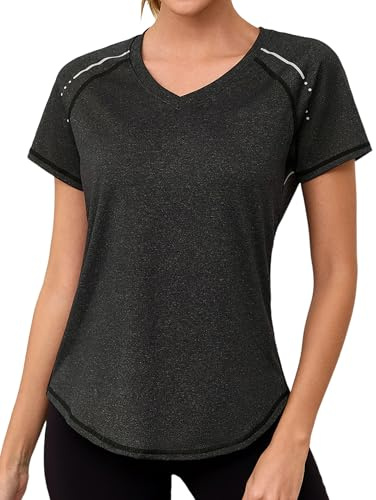 Gyabnw Damen Sport Fitness T-Shirt Kurzarm V-Ausschnitt Atmungsaktiv Funktionsshirt Leichtes Sport Oberteile Damen Top Für Fitness
