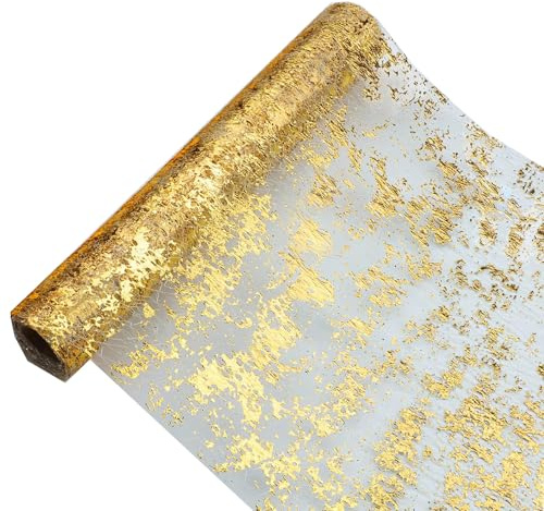 Tischläufer,Dekostoff Tischdeko Funkelnde Polyester TüLl Rolle mit Gold Folie,28cm x 10m Glitzer Tischdecken Langer Tischband Tisch Läufer für Hochzeiten,Geburtstage,Weihnachten,Party,Taufen (Gold